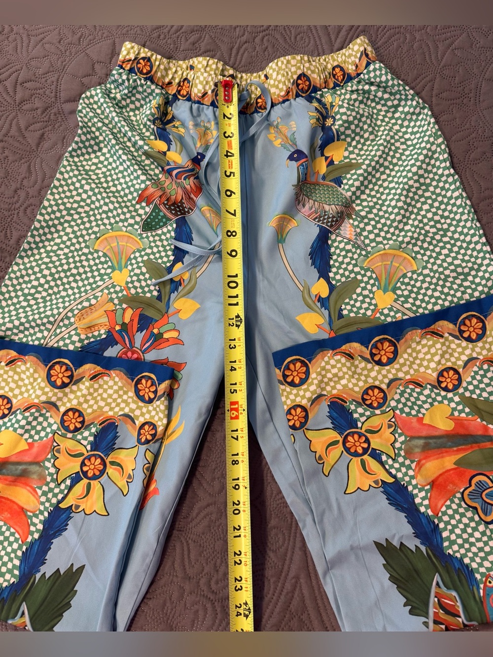 Wide-Leg Parrot Print Pants in Light Blue and Green - Picture 7 of 10